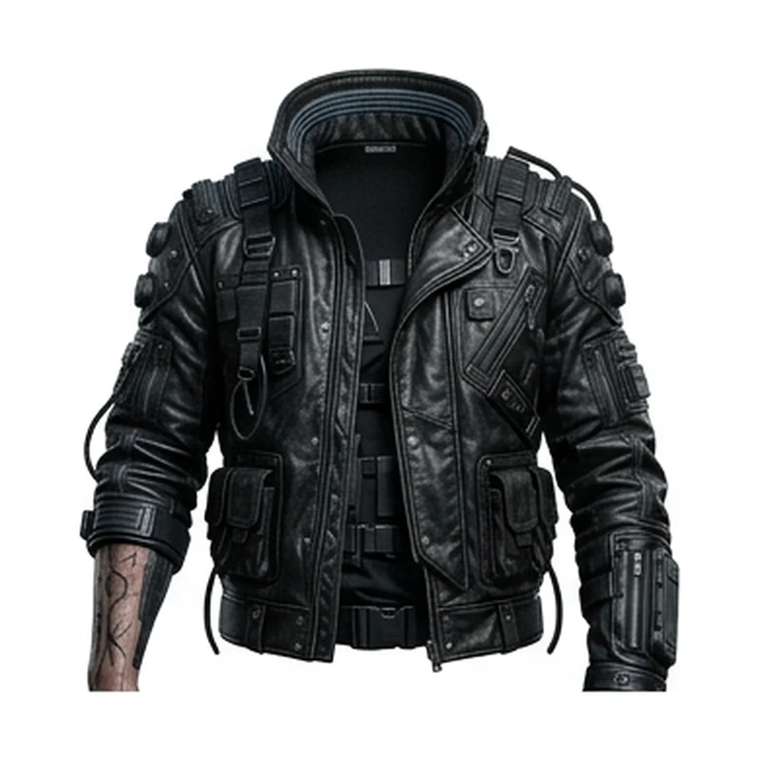 Cyberpunk Black Leather Tactical Jacket - Image 2