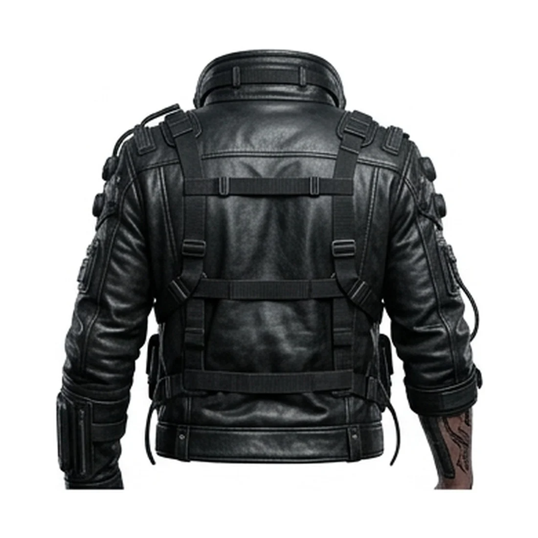 Cyberpunk Black Leather Tactical Jacket - Image 3