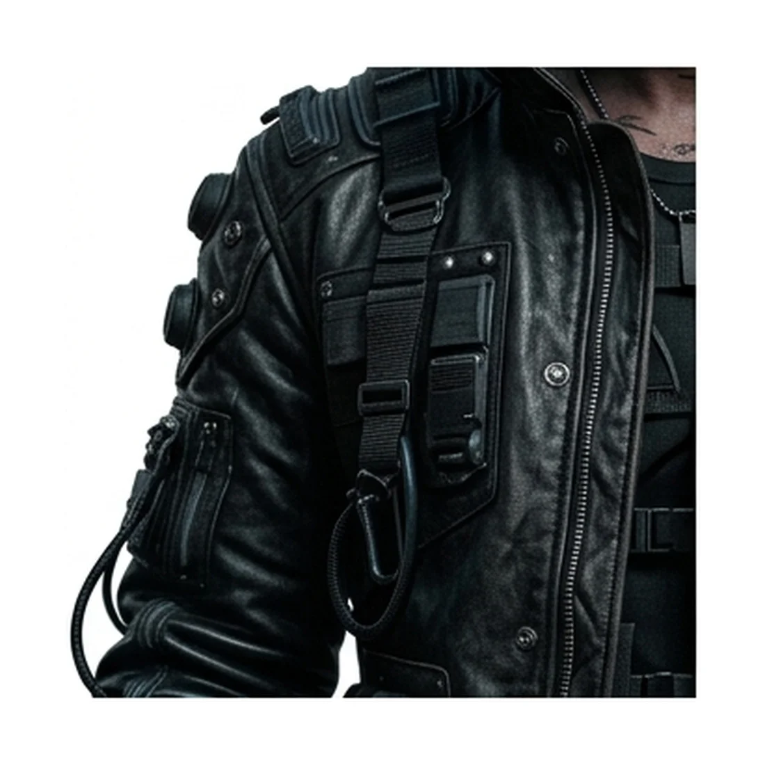 Cyberpunk Black Leather Tactical Jacket - Image 6