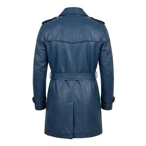 Men's Slate Blue Double-Breasted Real Leather Trench Coat - Image 3
