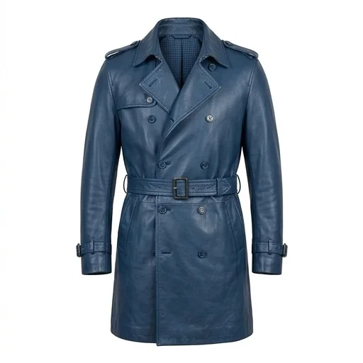 Men's Slate Blue Double-Breasted Real Leather Trench Coat - Image 2