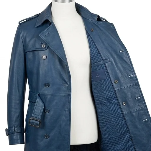 Men's Slate Blue Double-Breasted Real Leather Trench Coat - Image 5