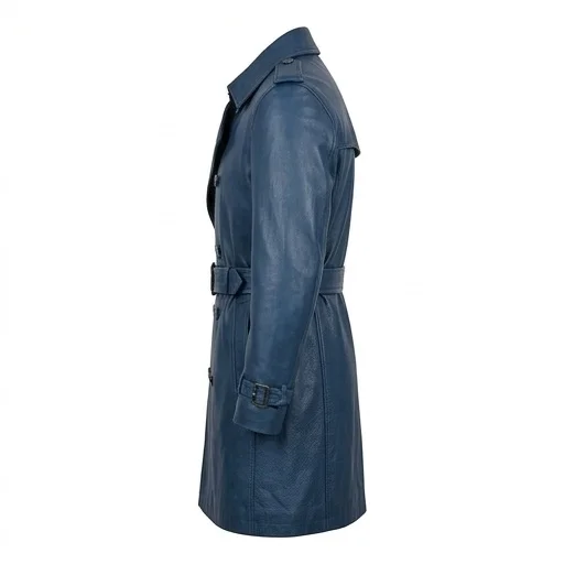 Men's Slate Blue Double-Breasted Real Leather Trench Coat - Image 4