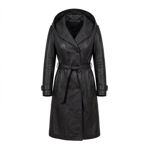 Women’s Black Long Hooded Leather Trench Coat - Image 2