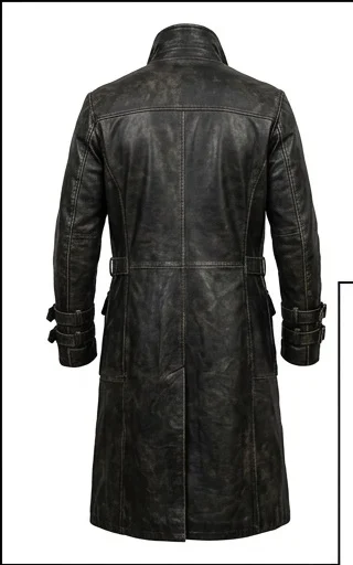 Men's Blade Distressed Black Leather Trench Coat - Image 5
