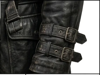 Men's Blade Distressed Black Leather Trench Coat - Image 8