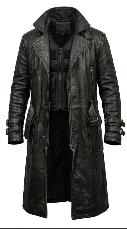 Men's Blade Distressed Black Leather Trench Coat - Image 2