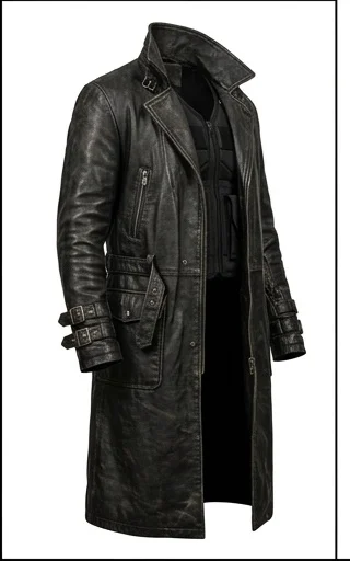Men's Blade Distressed Black Leather Trench Coat - Image 3