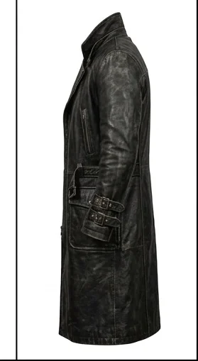 Men's Blade Distressed Black Leather Trench Coat - Image 6