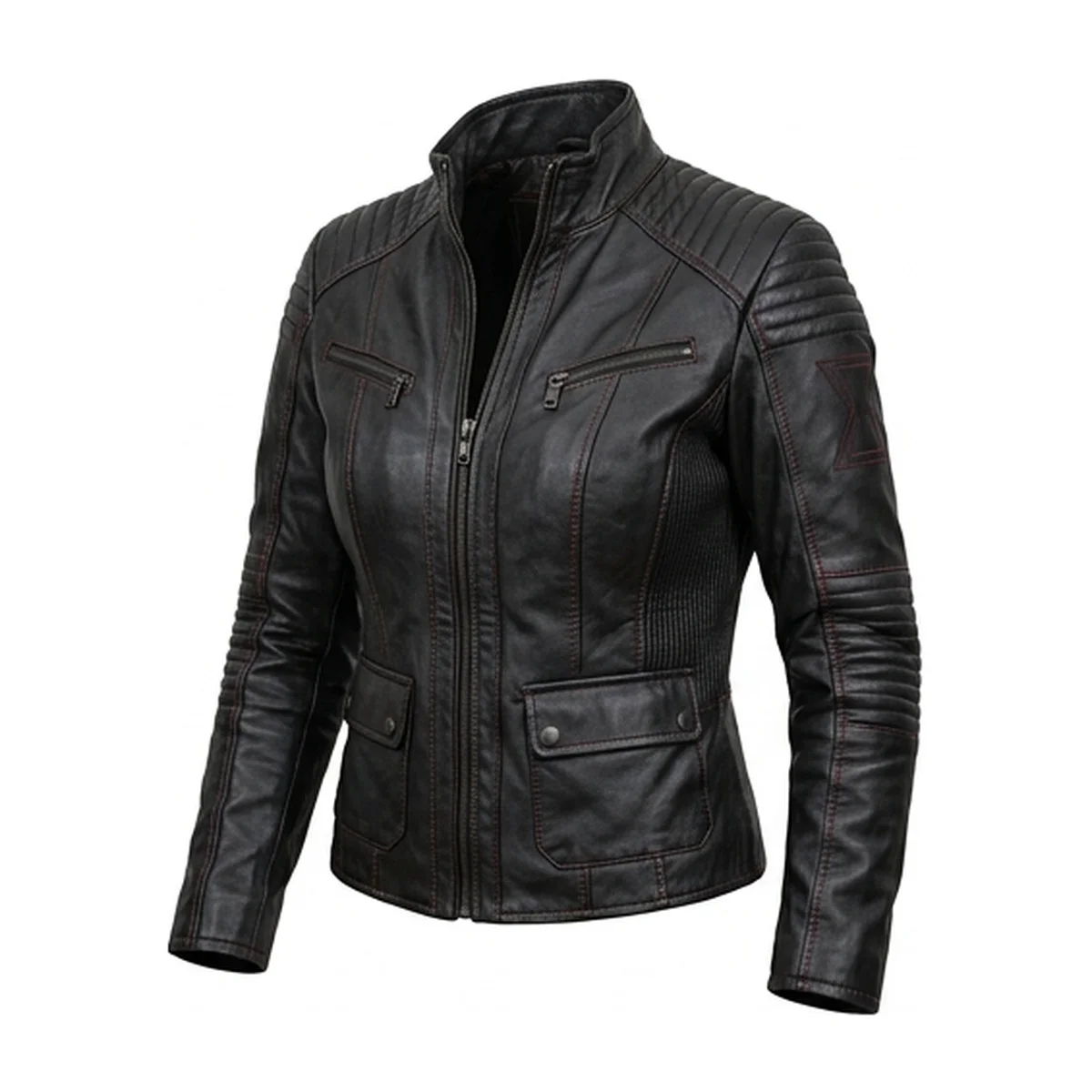 Women's Black & Red Tactical Biker Leather Jacket - Image 2
