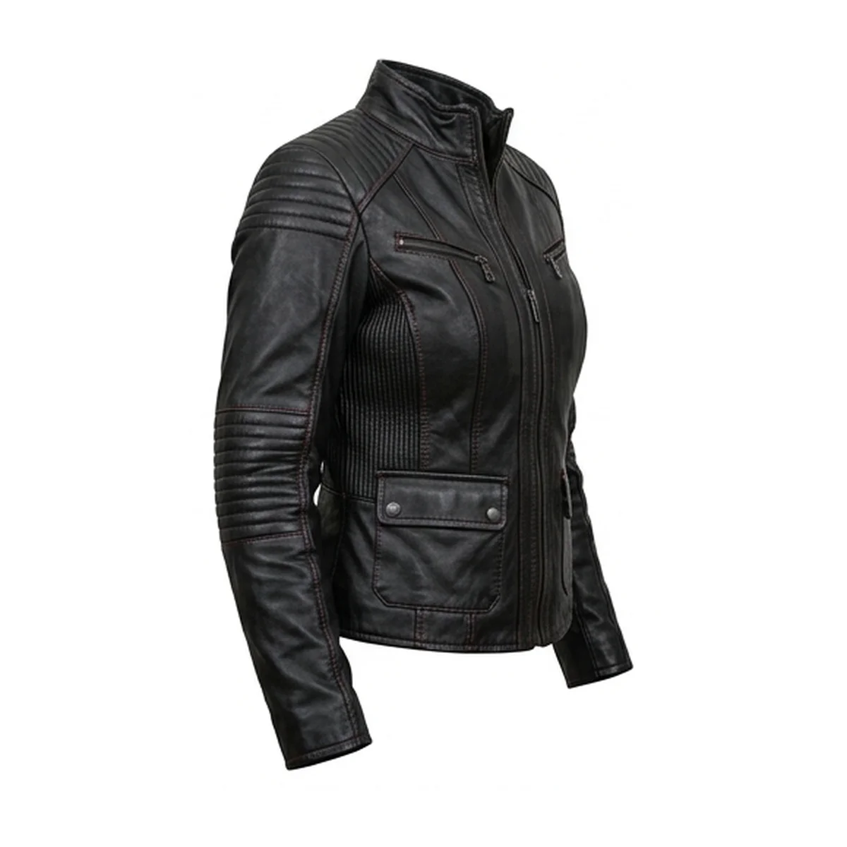 Women's Black & Red Tactical Biker Leather Jacket - Image 4