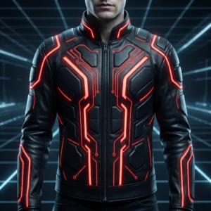 Tron Ares Inspired Black Leather Racing Jacket with Red Accents