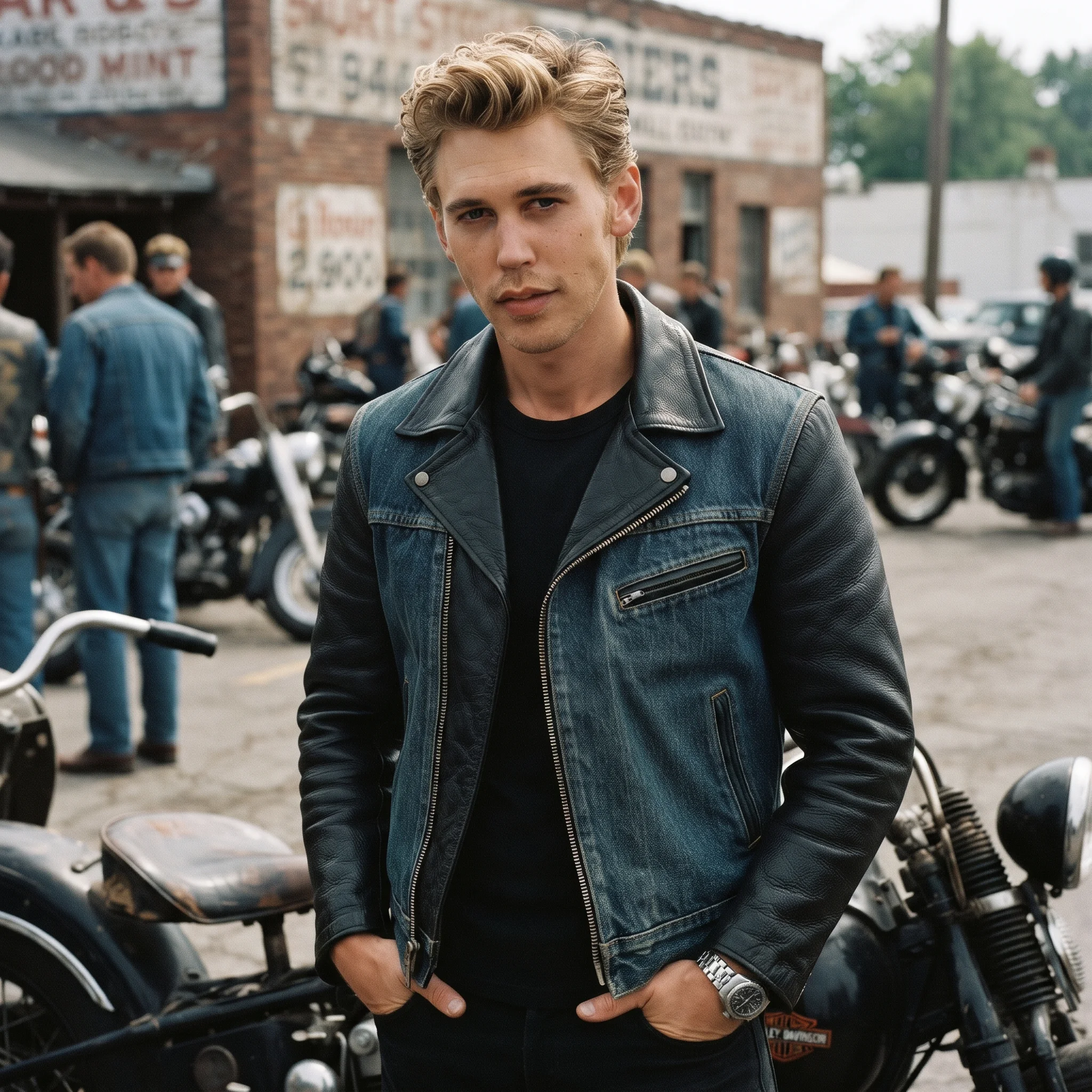 The Bikeriders Benny Inspired Black Leather and Blue Denim Jacket