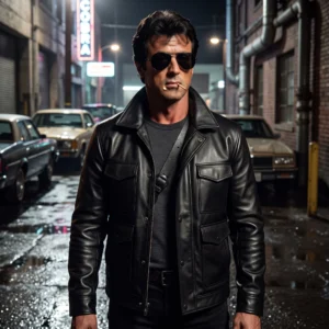 Men's Marion Cobretti Inspired Cobra Black Leather Field Jacket