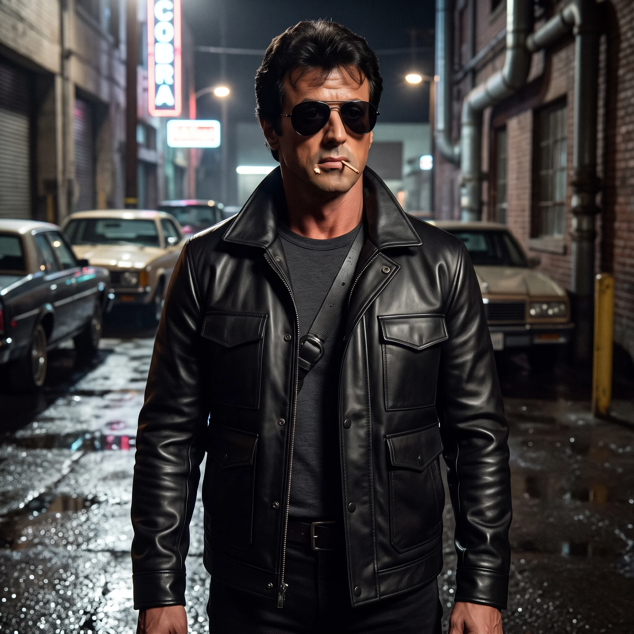 Men's Marion Cobretti Inspired Cobra Black Leather Field Jacket