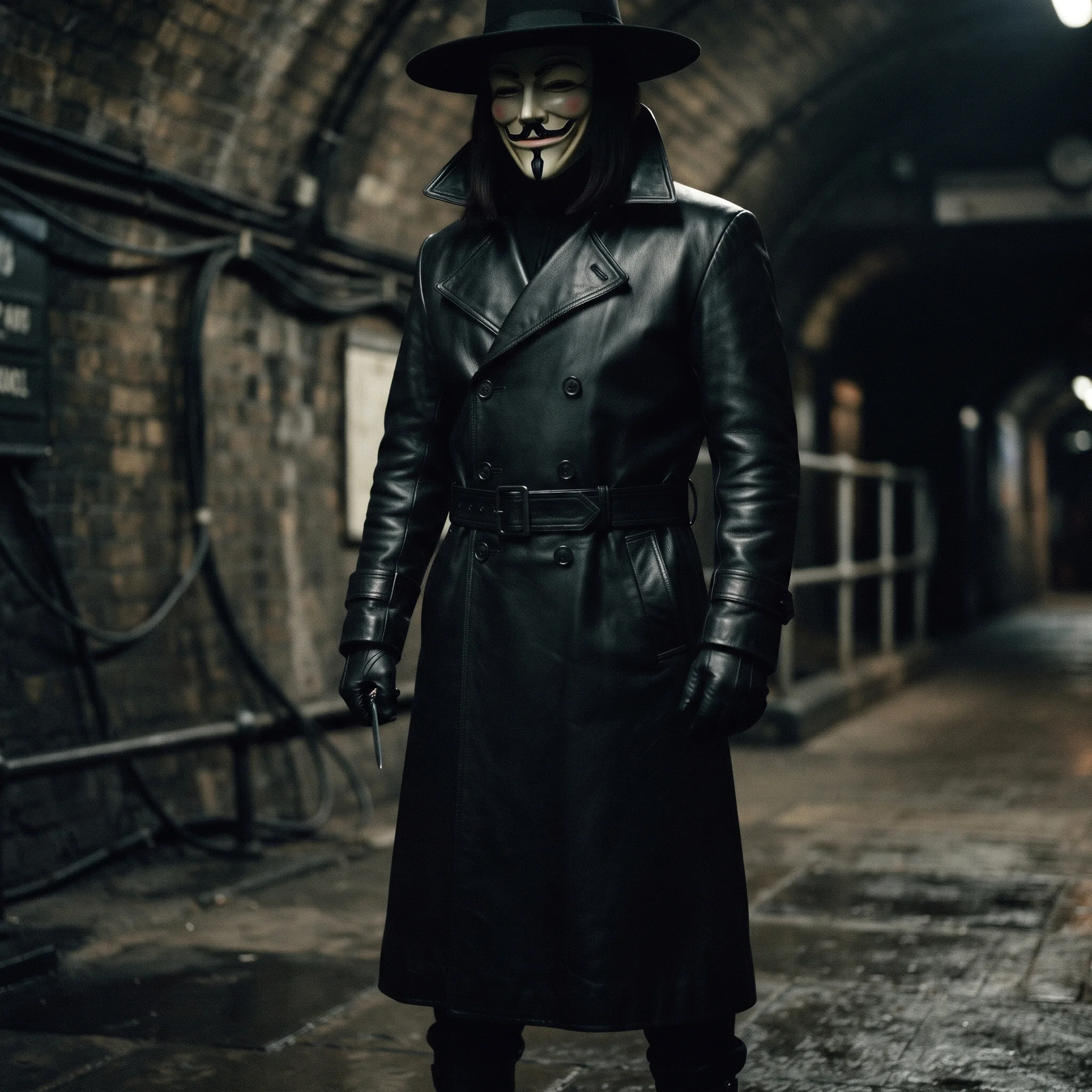 V for Vendetta Inspired Black Leather Trench Coat