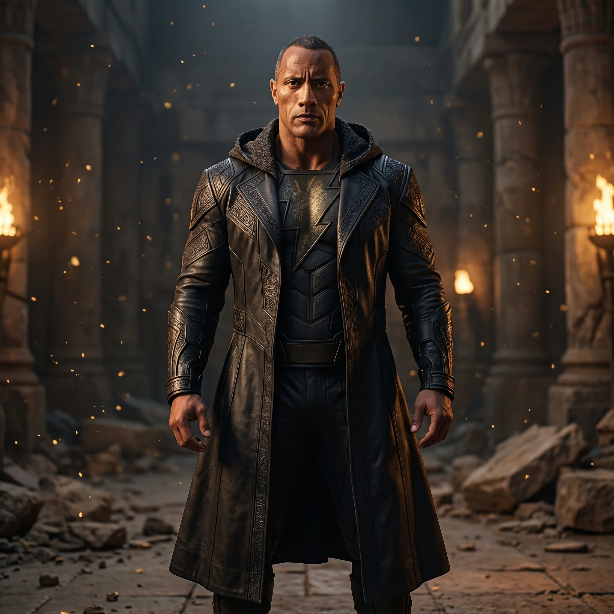 Black Adam Inspired Teth-Adam Hooded Black Leather Trench Coat
