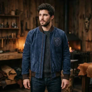 Heart of the Beast Inspired Men's Blue Suede Bomber Jacket