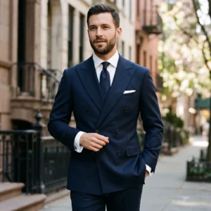 Classic Navy Blue Double-Breasted Suit Jacket & Trousers