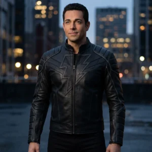 Shazam Inspired Black Leather Jacket – Men’s Superhero Moto Biker Jacket