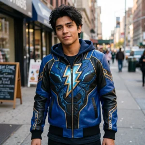 Blue Beetle Jaime Reyes Inspired Blue and Black Leather Hooded Jacket