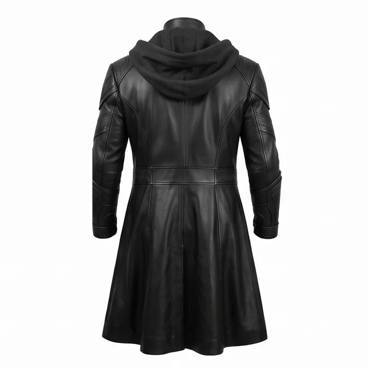 Black Adam Inspired Teth-Adam Hooded Black Leather Trench Coat - Image 3