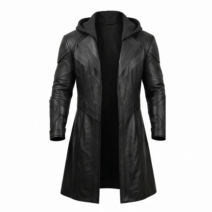 Black Adam Inspired Teth-Adam Hooded Black Leather Trench Coat - Image 2