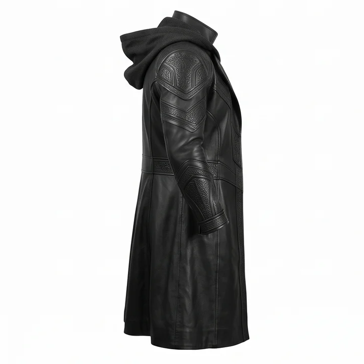 Black Adam Inspired Teth-Adam Hooded Black Leather Trench Coat - Image 4