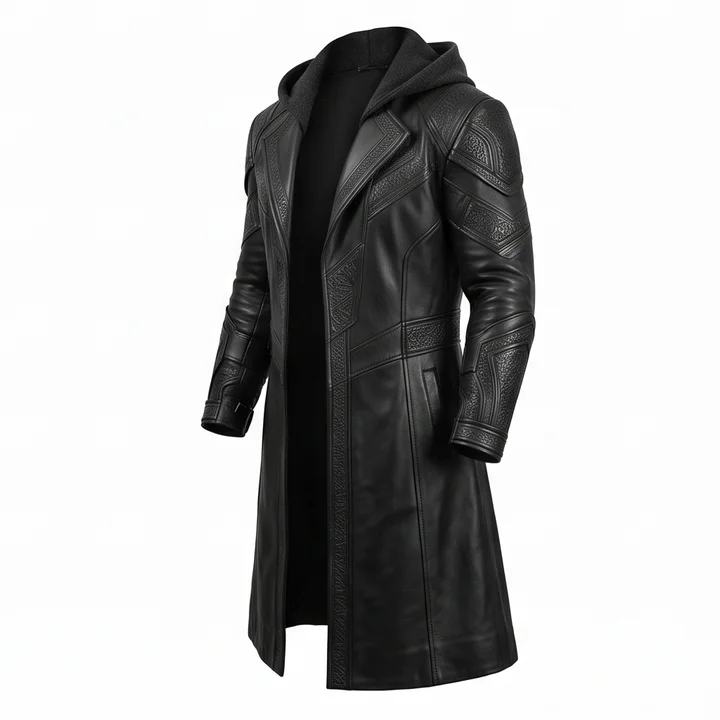 Black Adam Inspired Teth-Adam Hooded Black Leather Trench Coat - Image 5