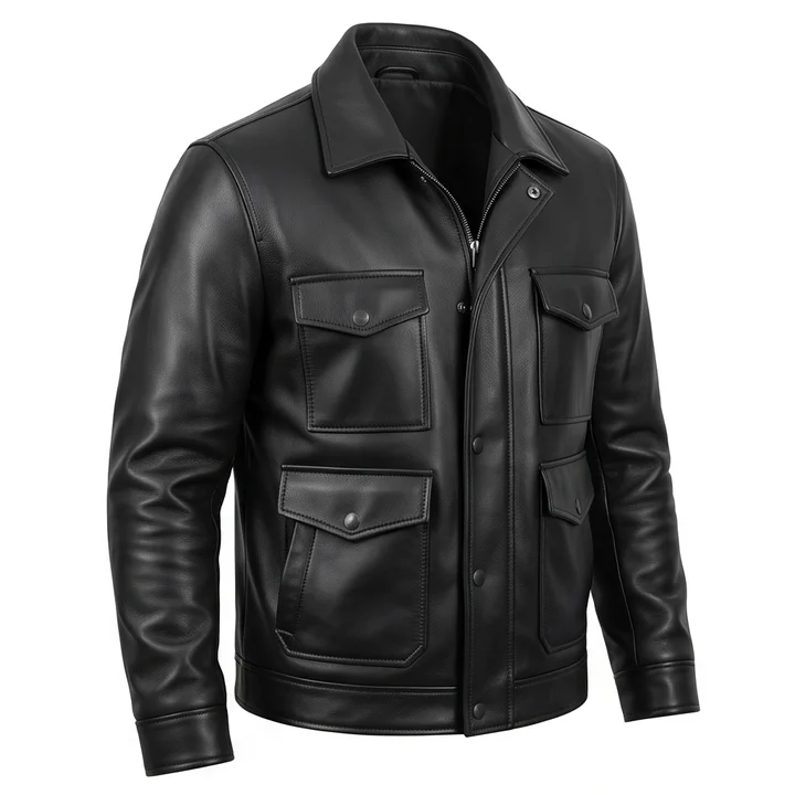 Men's Marion Cobretti Inspired Cobra Black Leather Field Jacket - Image 5