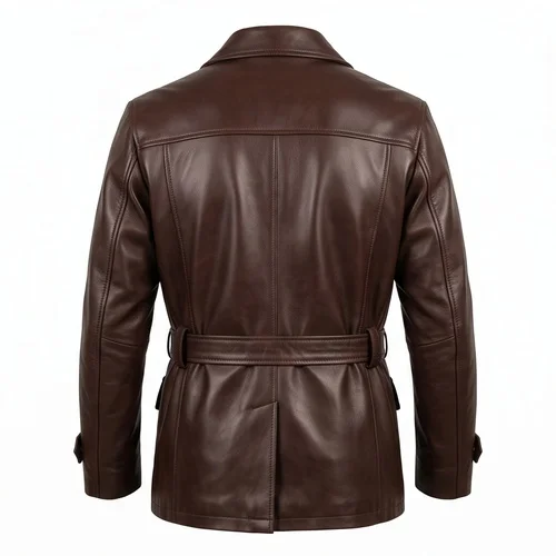 Public Enemies Inspired John Dillinger Brown Real Leather Belted Trench Coat - Image 4